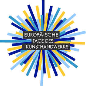 Logo Europäische Tage des Kunsthandwerks in blauer und gelber Farbe sowie weißer Schrift auf schwarzem Hintergrund