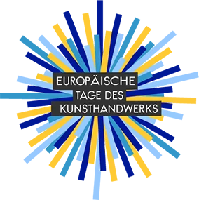 Logo Europäische Tage des Kunsthandwerks in blauer und gelber Farbe sowie weißer Schrift auf schwarzem Hintergrund